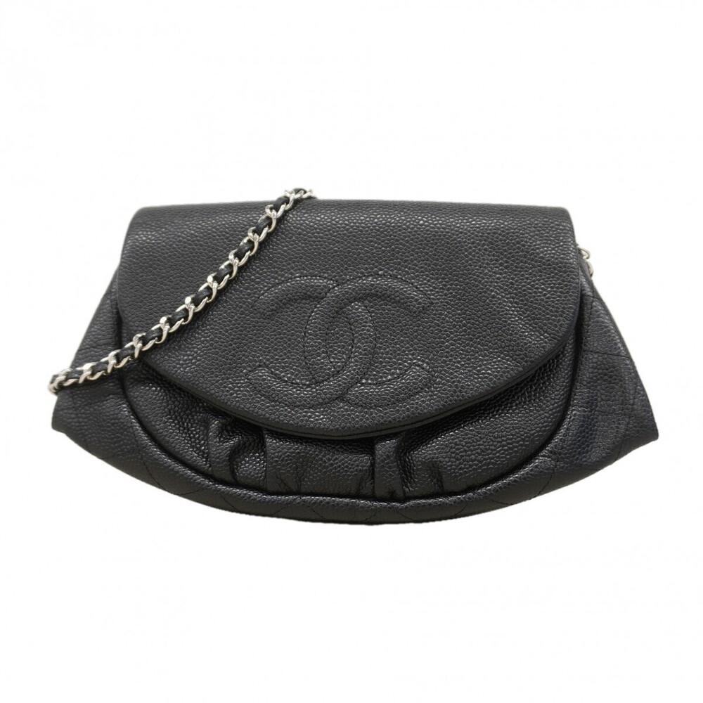 Chanel Shoulder Bag Chain Caviar Skin Black Silver Hardware